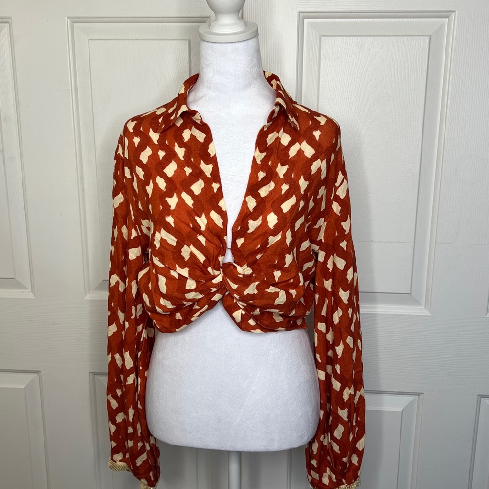 NWT Zara Linen Blend Printed Twisted Wrap Crop Top in Terracotta and Cream - Picture 2 of 8